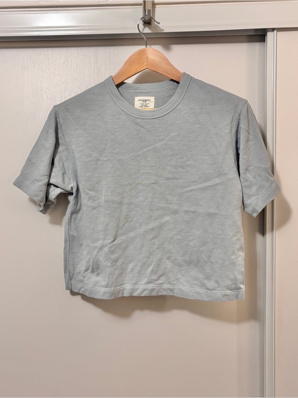 Buck Mason Womens Field Spec Boyfriend Crop Tee Blue Minimalist Short Sleeve